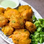 Spicy Chilli Bites on a blue and white platter