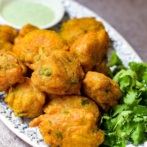 Spicy Chilli Bites on a blue and white platter
