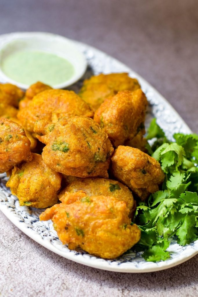 Spicy Chilli Bites on a blue and white platter