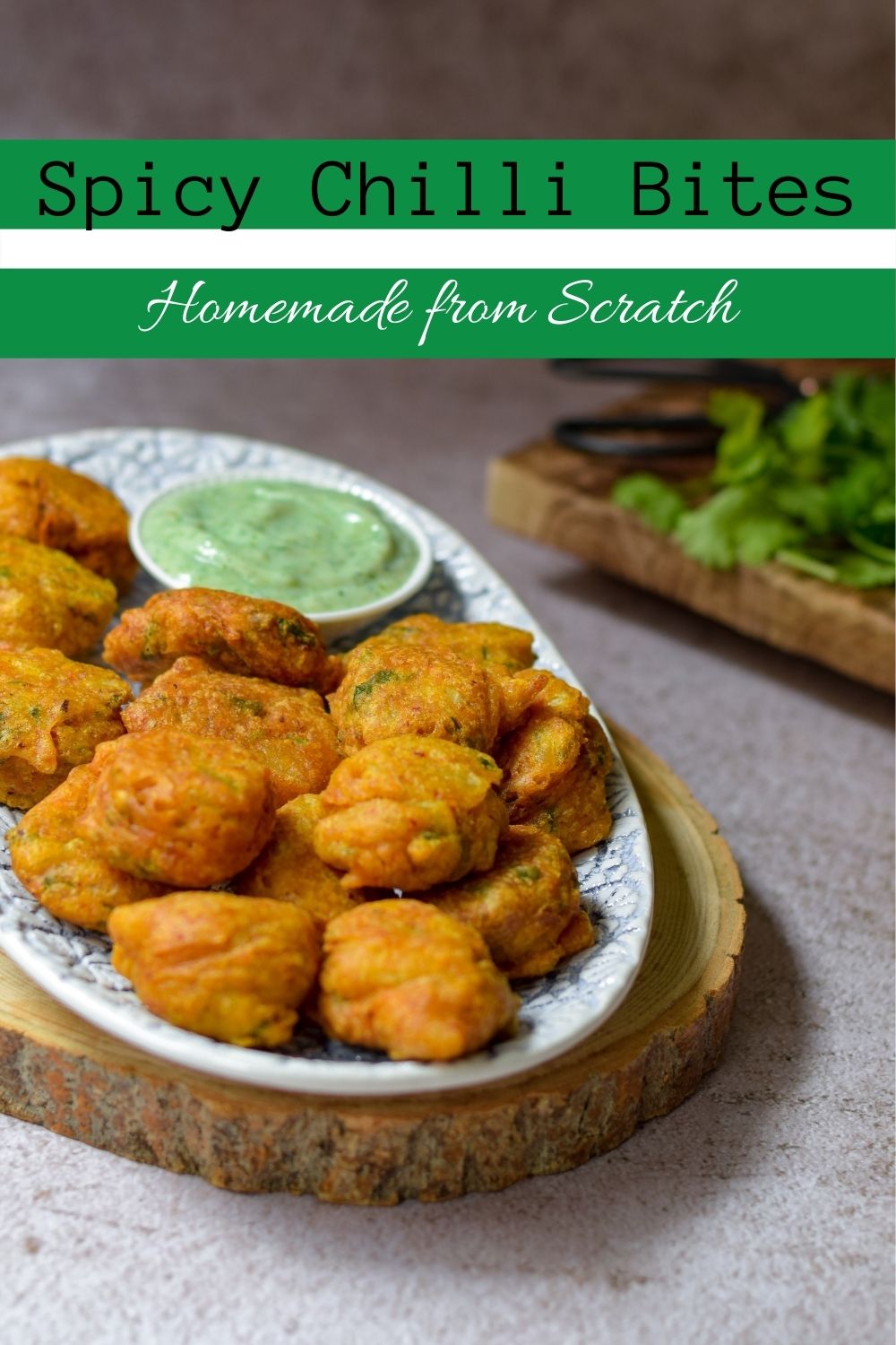 Spicy Chilli Bites on a blue and white platter