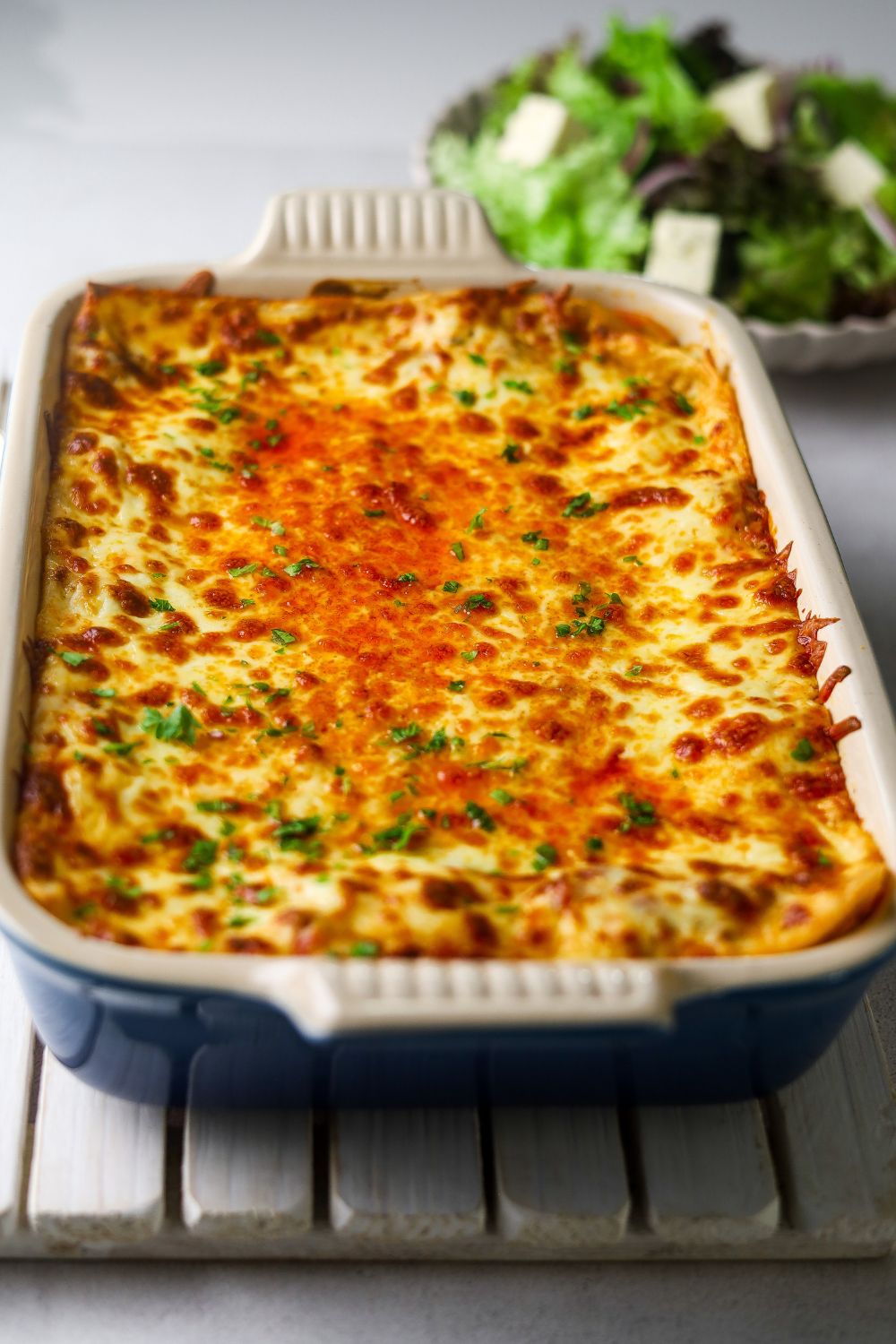 Lamb lasagna in a blue casserole