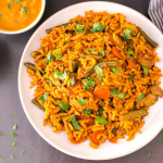 Rice cooked with curried vegetables in one pot