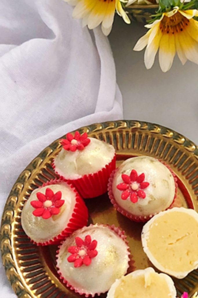 Indian sweetmeat dipped in white chocolate