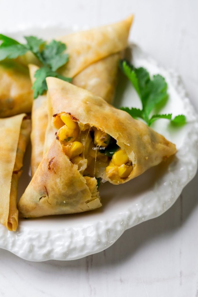 Sweetcorn and Cheese Samoosas in a white plate