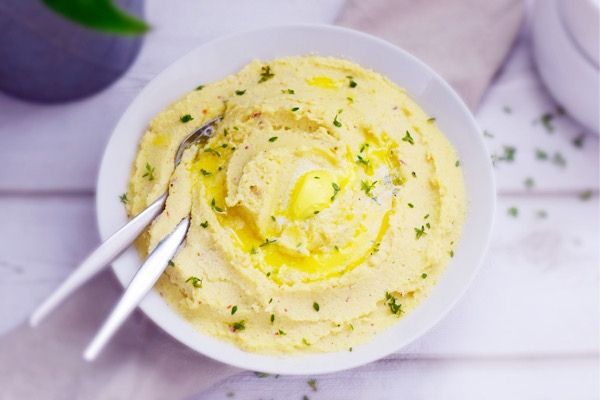 Creamy Mashed Cauliflower in a white bowl