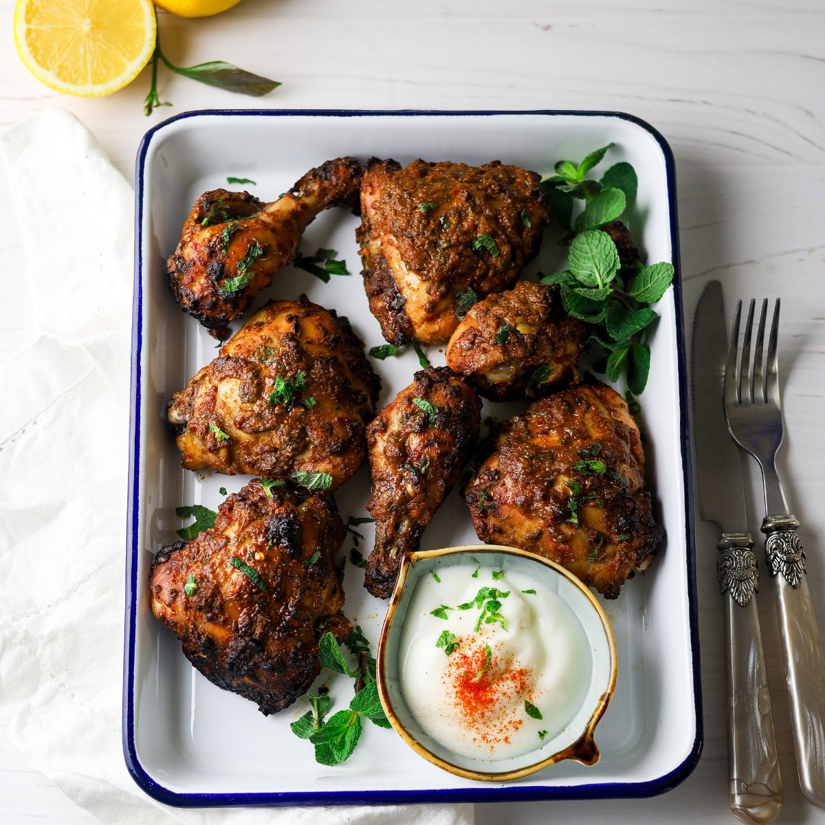 Yogurt Mint Chicken in a white dish