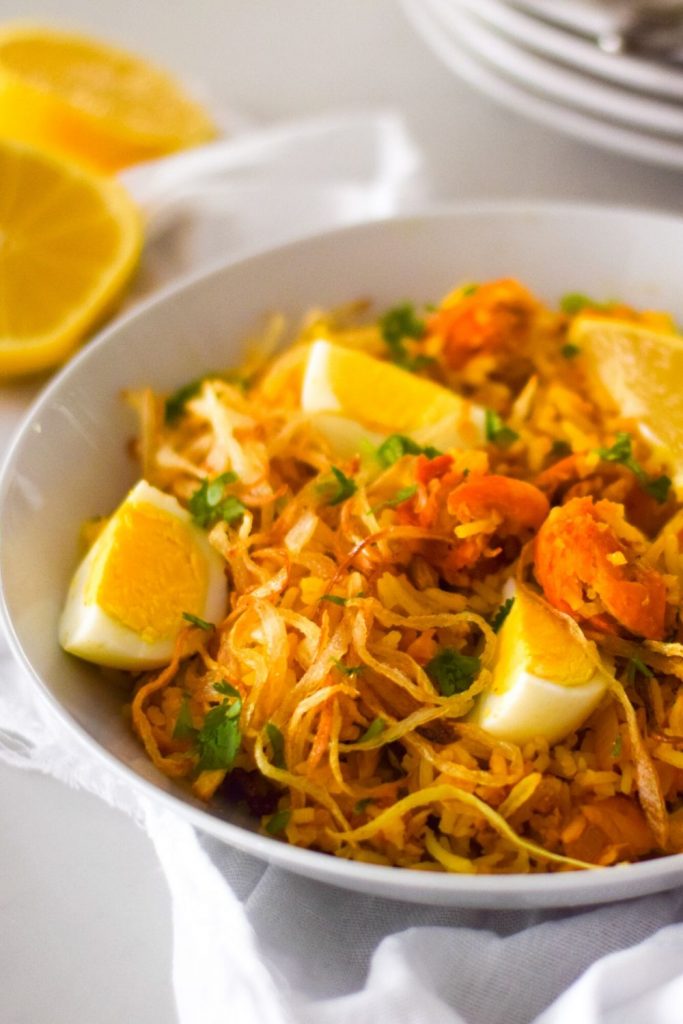 Kedgeree in a white bowl