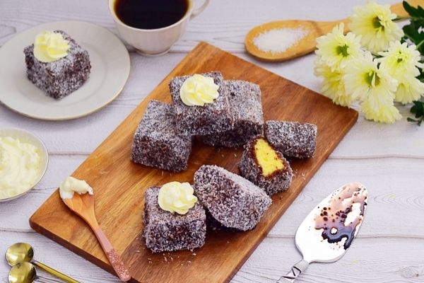 Lamingtons on a wooden board