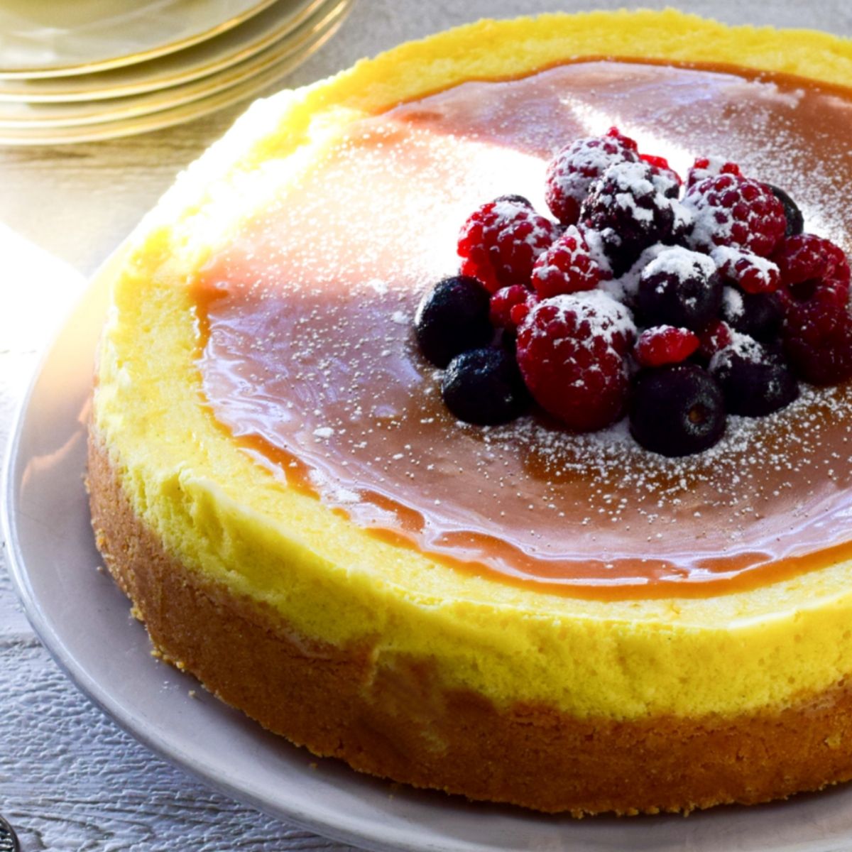 Cheesecake on a white plate with cups and saucers on the left