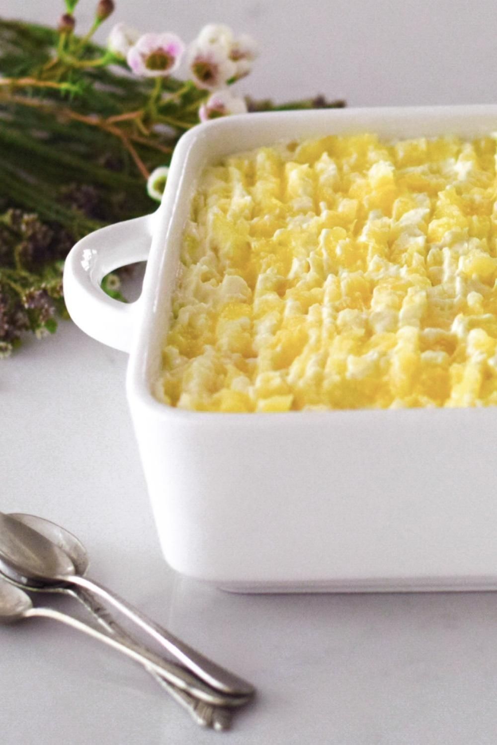 Pineapple Fridge Tart in a white dish
