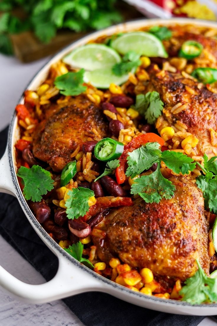 Mexican rice with chicken in a white pot