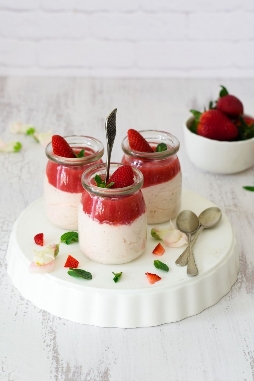 Eggless Strawberry Mousse in glass bottles
