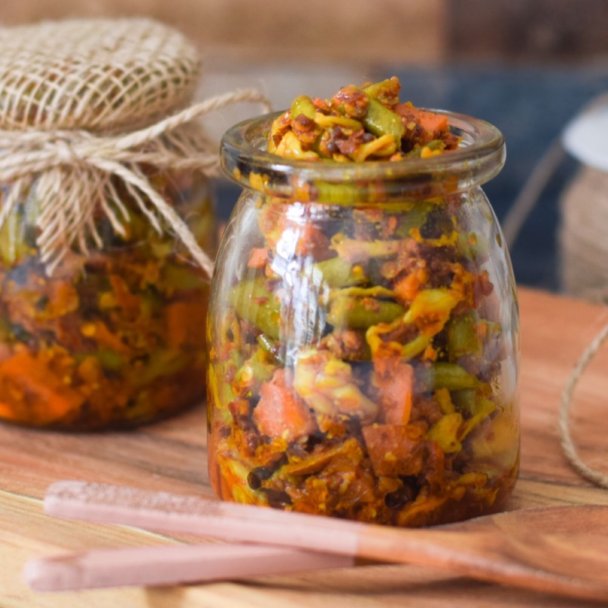 indian mixed vegetable pickle in glass bottles