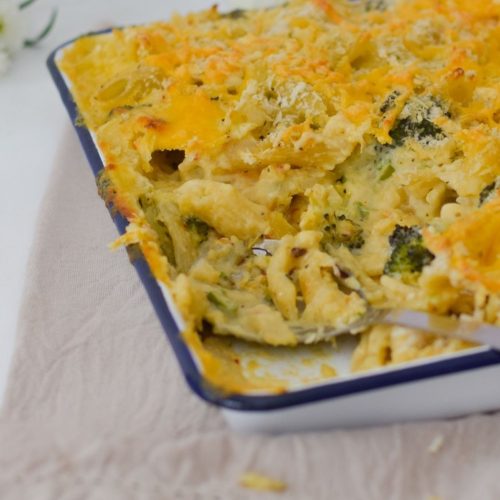 Roasted Brocolli Pasta Bake in a white oven dish