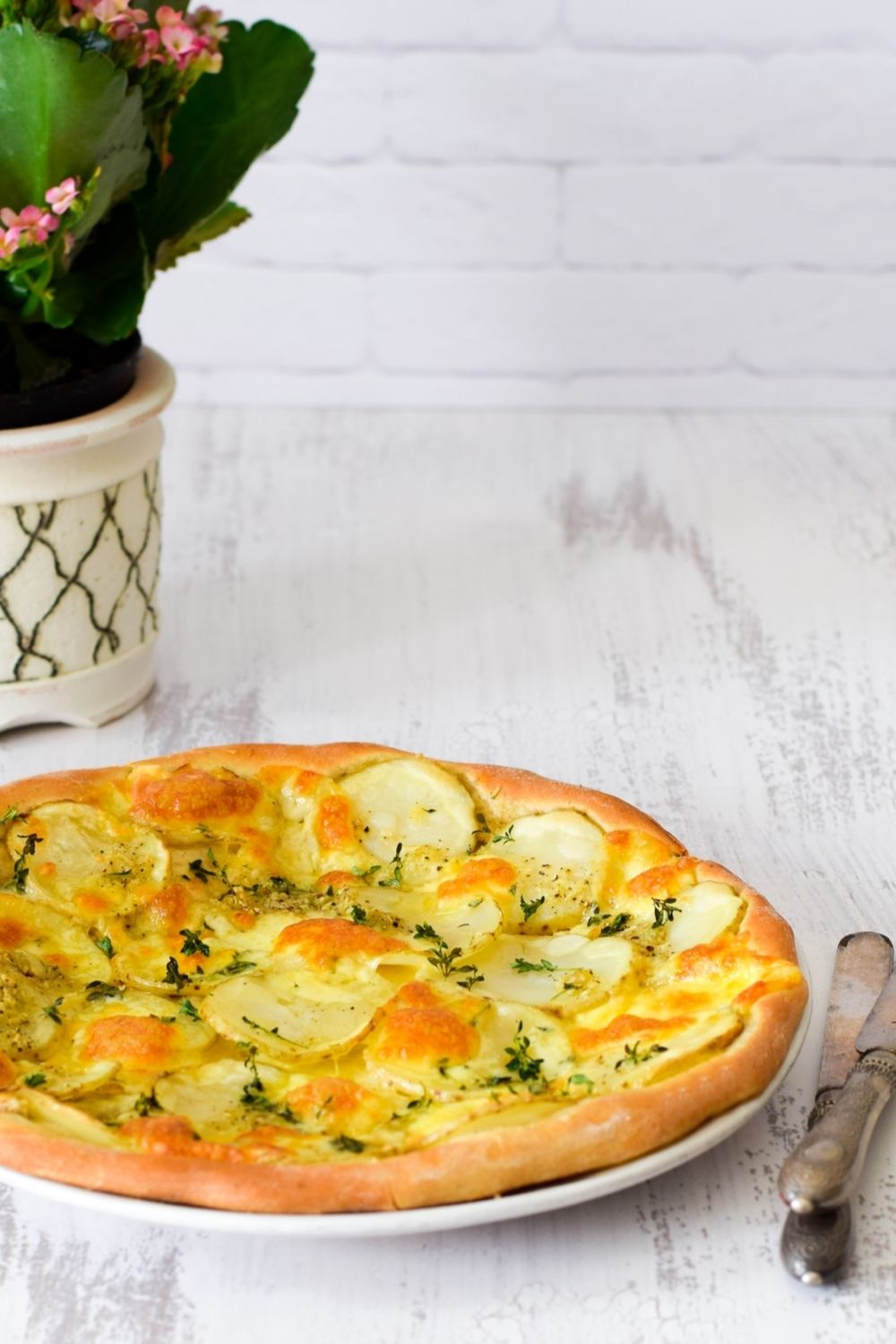 Potato Pizza in a white plate with a flower pot at the back left