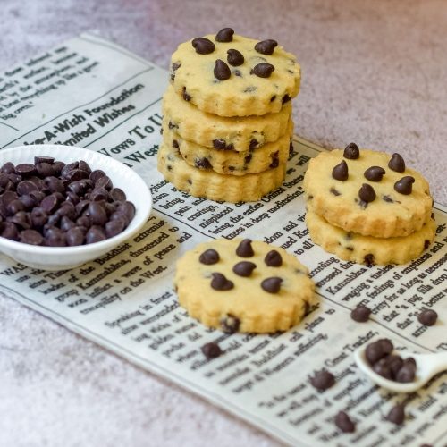 Chocolate Chip Shortbread on newspaper