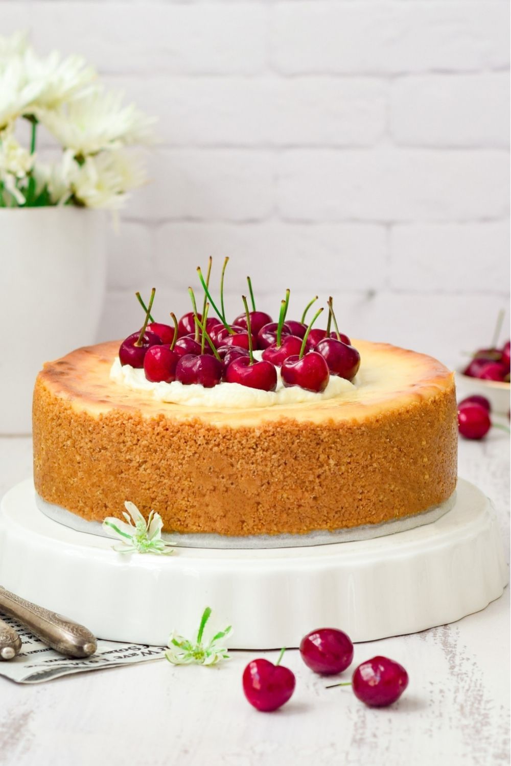 Baked white cheesecake decoarated with cherries on a white dish