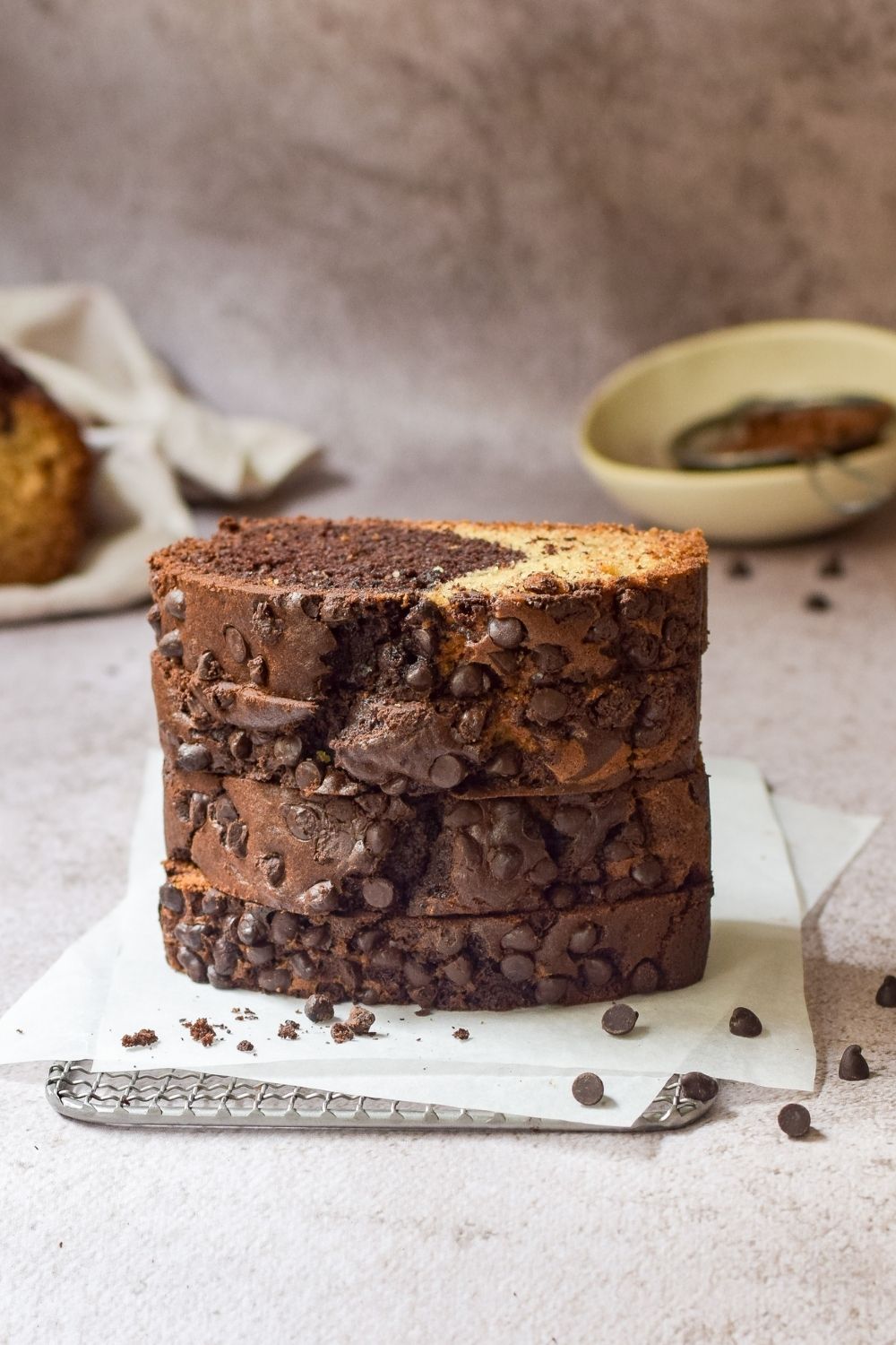 Slices of Chocolate Banana Bread stacked on top of each other