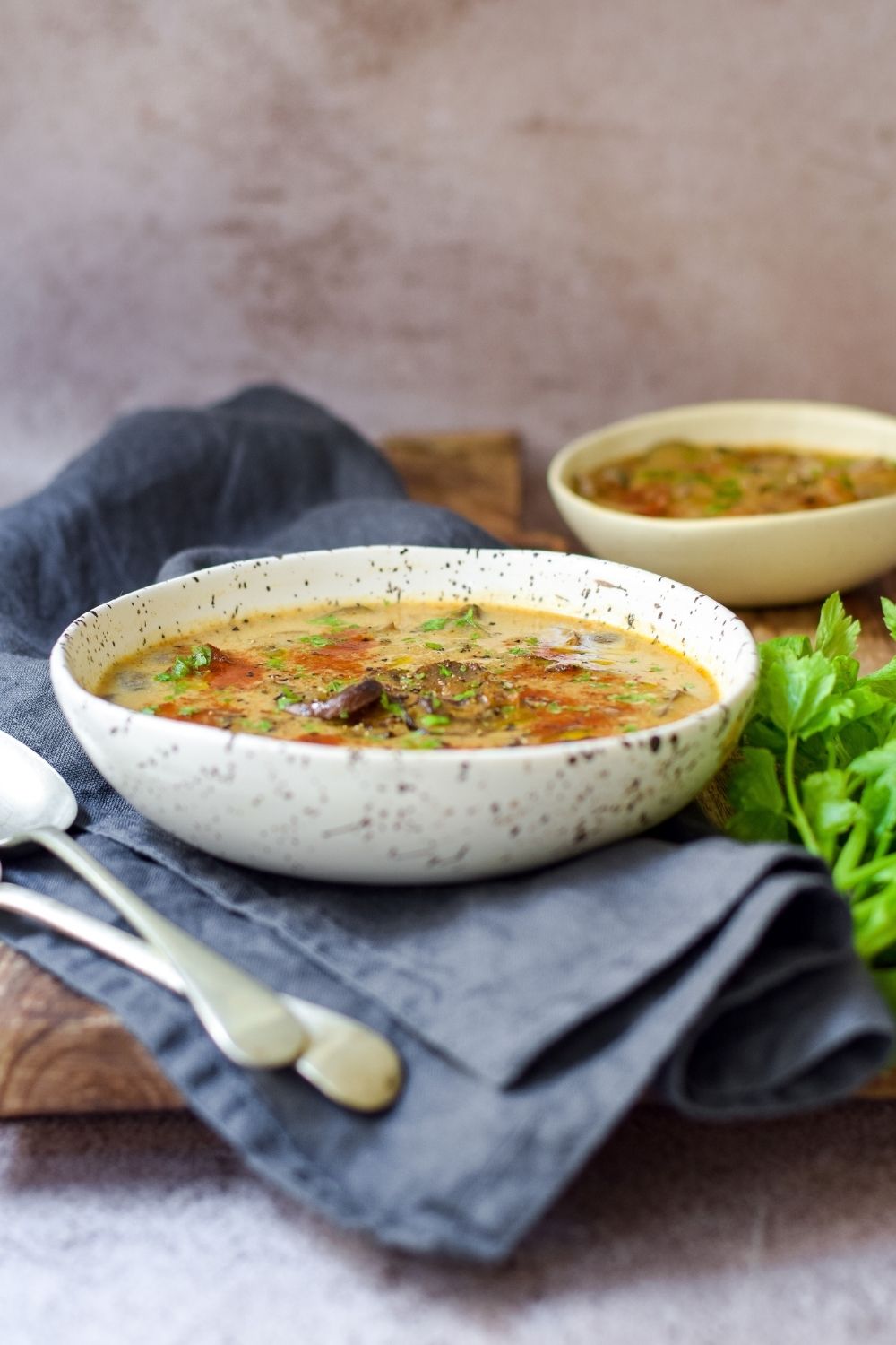 Hungarian Mushroom Soup in a white bowl