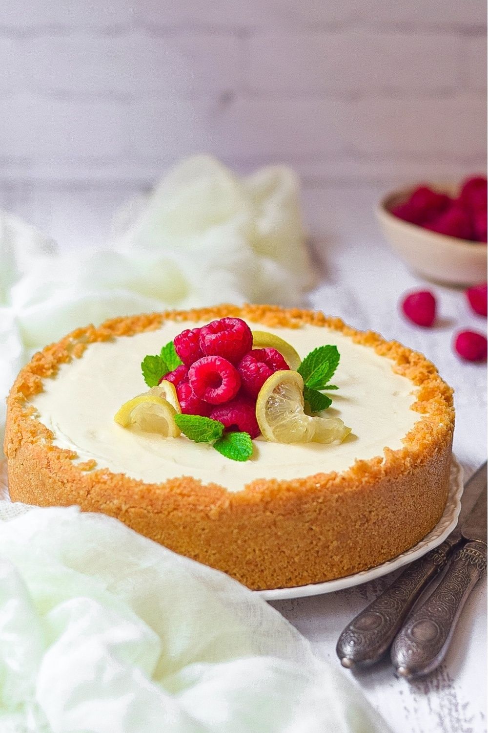 No bake lemon cheesecake on a white plate