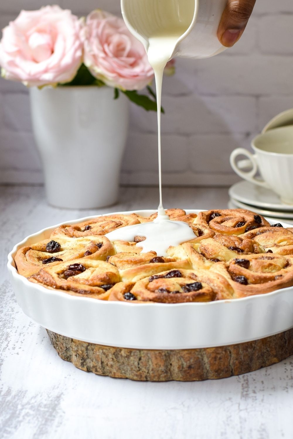Chelsea Buns in a white baking dish