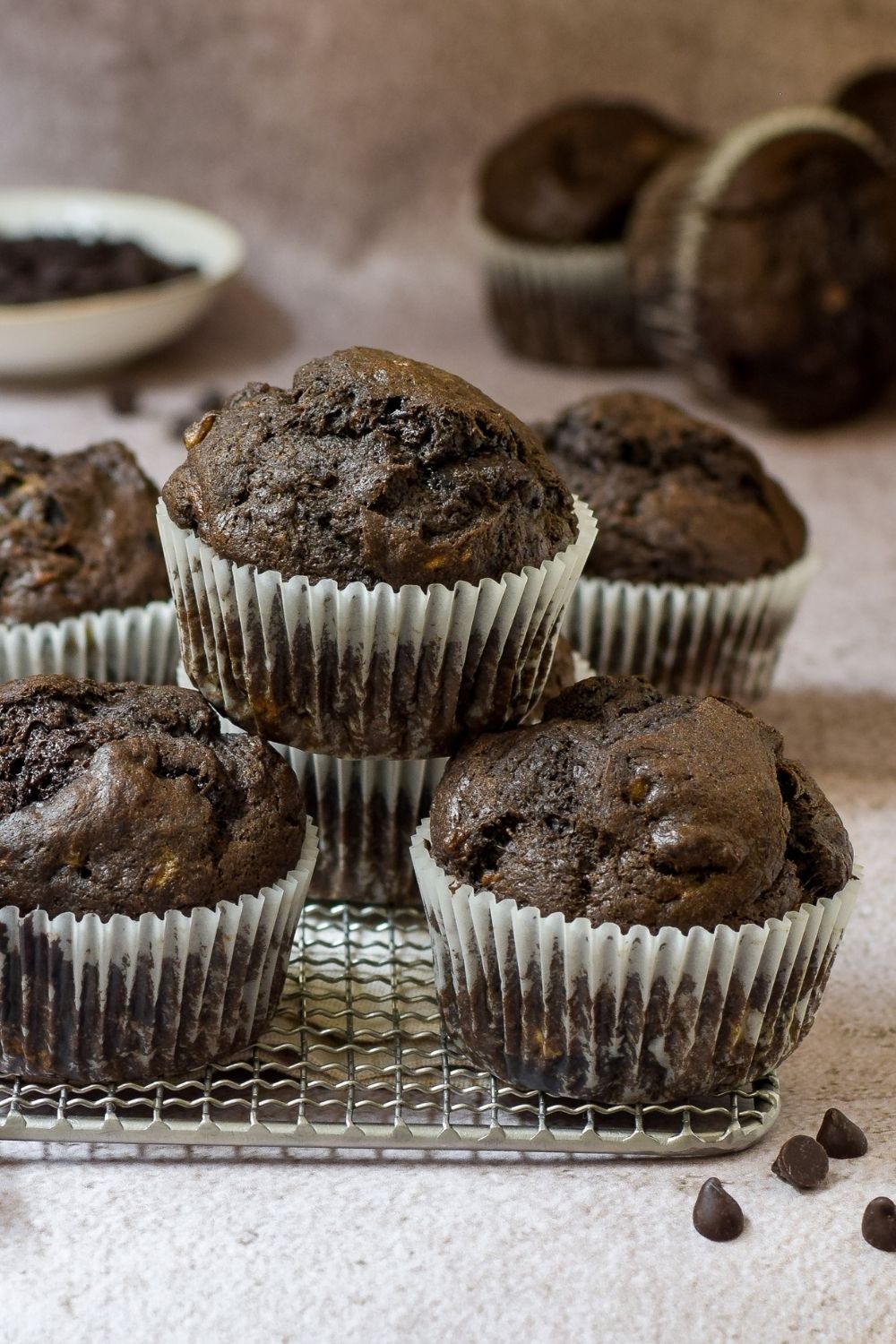 Banana Chocolate Muffins on a wire cooling rack
