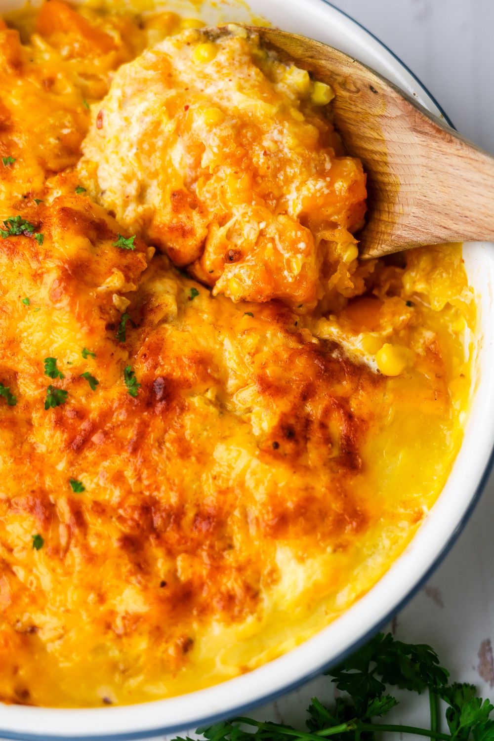 Creamy Butternut and Sweetcorn Bake in a white dish
