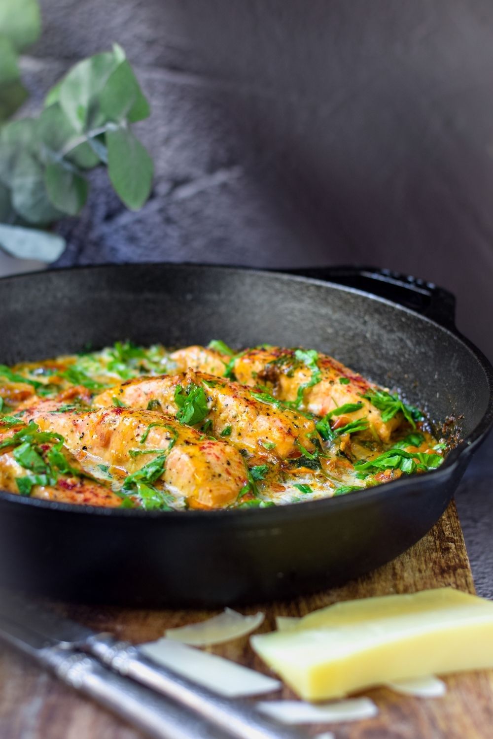 Creamy Tuscan Salmon in a black pan
