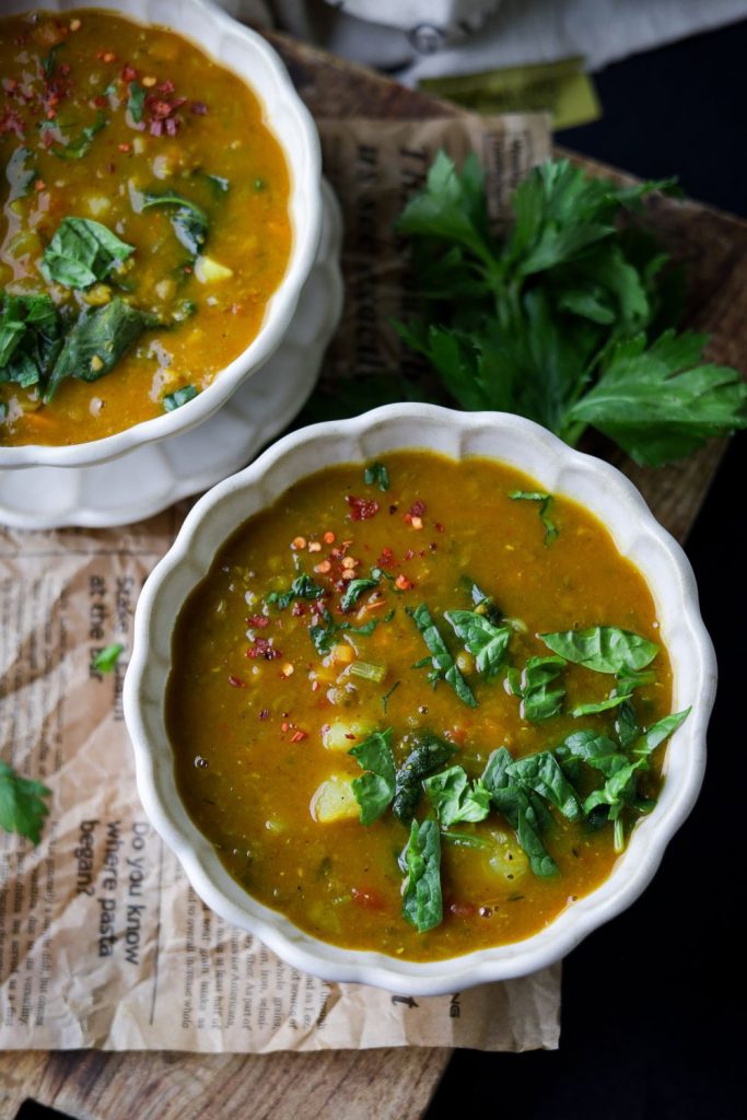Hearty Vegetable Soup in two white bowls