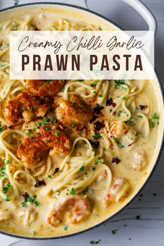 Creamy Chilli Garlic Prawn Pasta in a white pot
