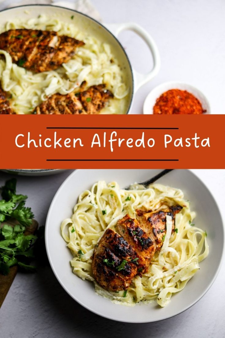 Chicken Alfredo Pasta in a white pot