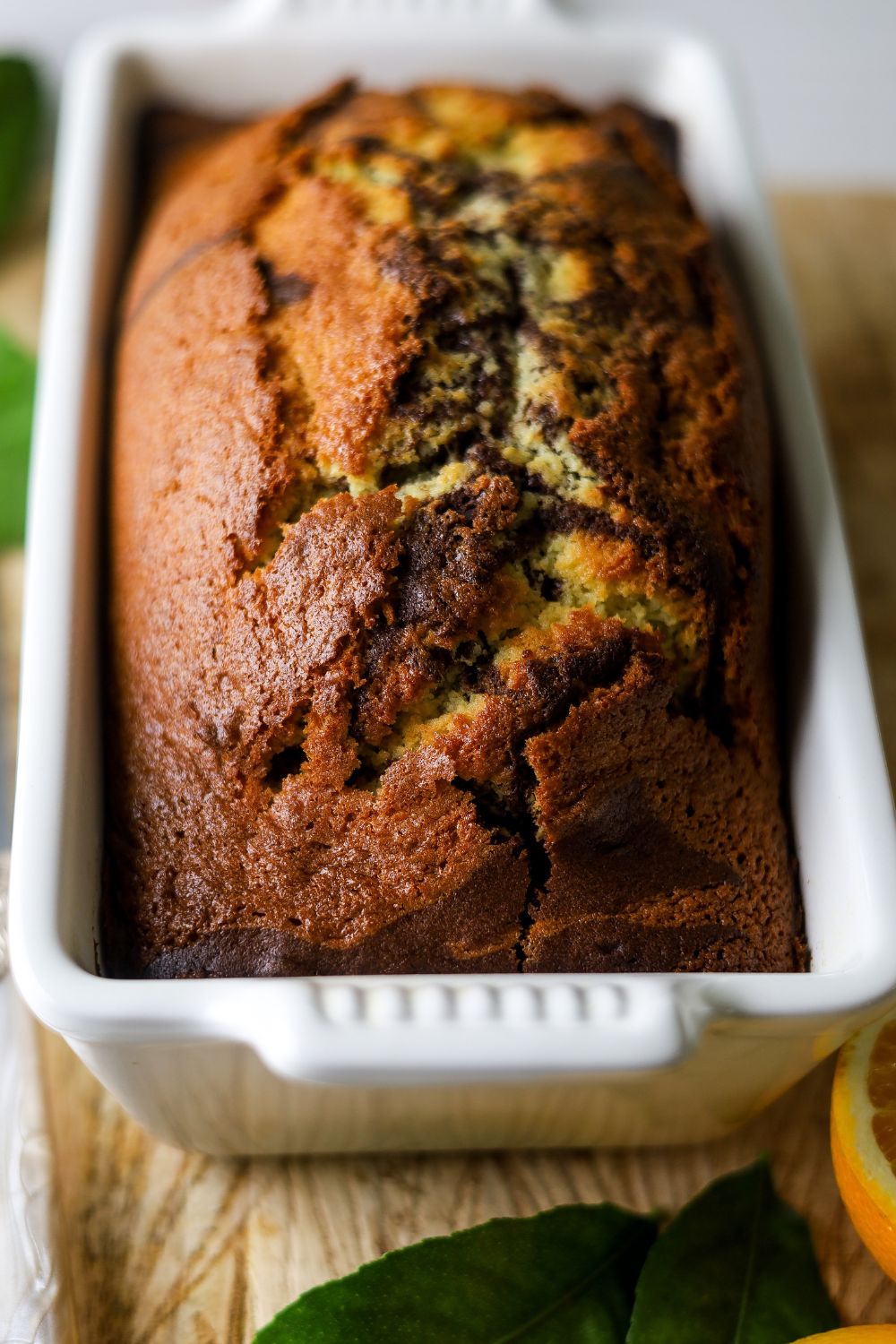 Chocolate Orange Marble Loaf in a white loaf pan