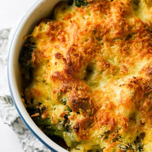 Cauliflower and Broccoli Bake in a white dish