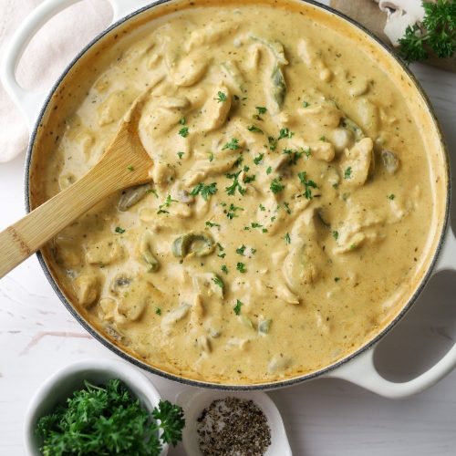 Chicken a la king in a white pot