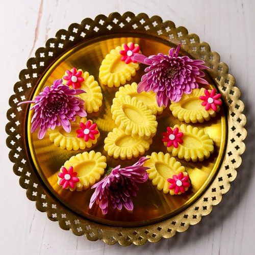 Milk Burfi in a brass tray