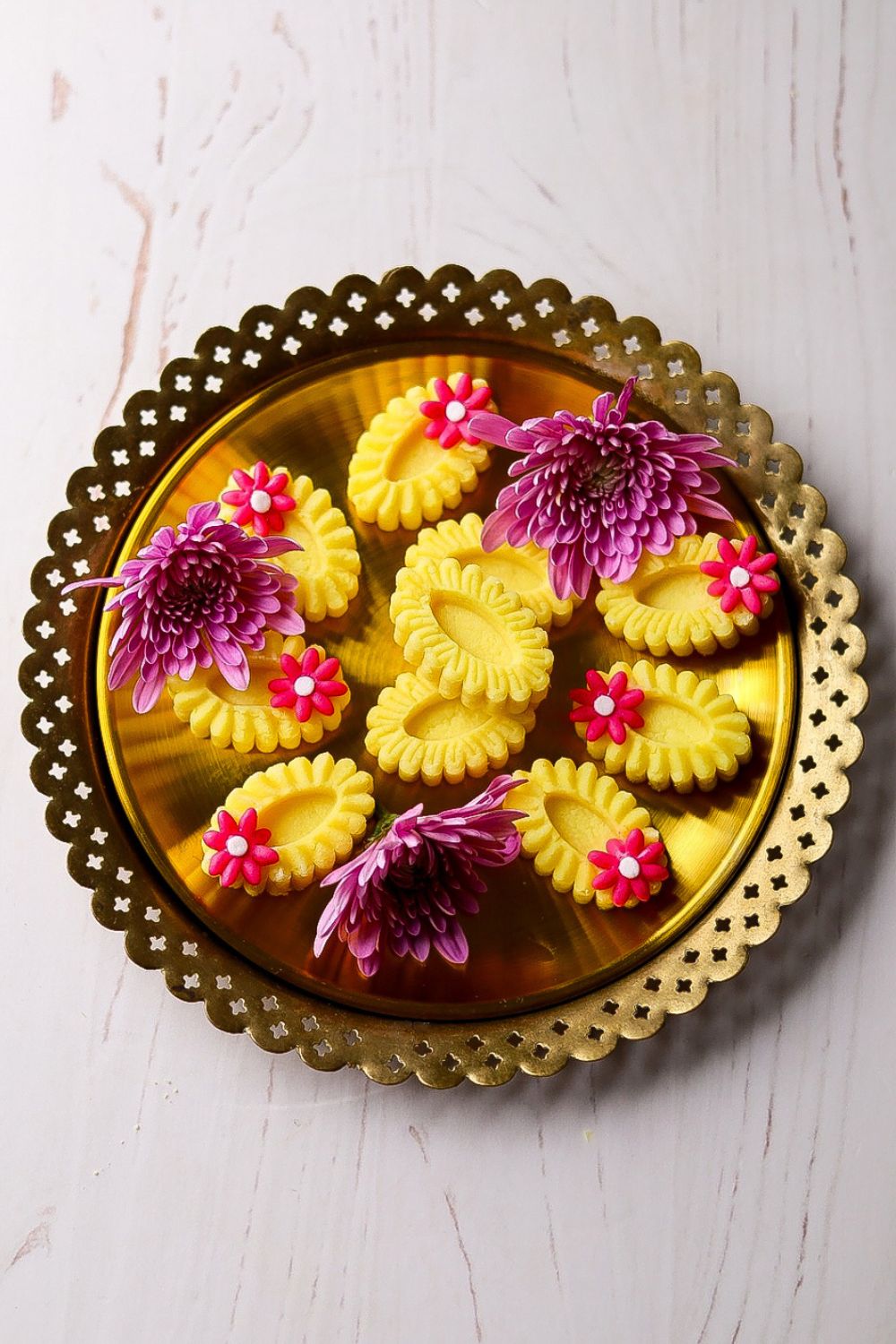 Milk Burfi in a brass tray