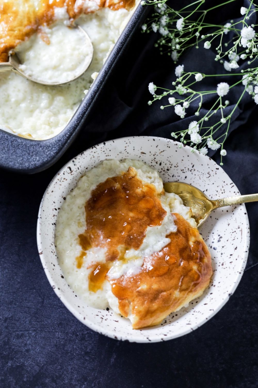 Baked Sago Pudding in a white bowl
